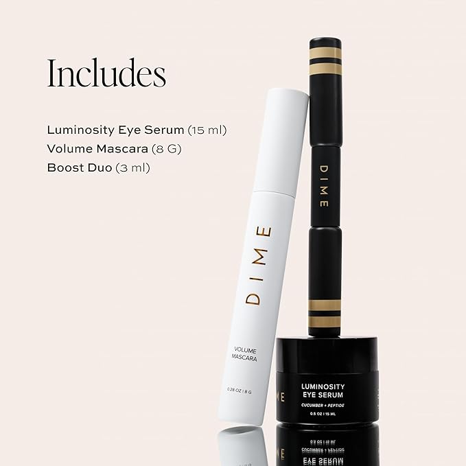 DIME Beauty Eyes On Set - Luminosity Eye Serum for Dark Circles & Puffiness, Volume Boost Tubing Mascara & Eyebrow Enhancing Gel - Clean, Vegan Eye Care Bundle - 3 Piece Kit