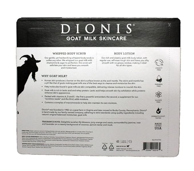 Dionis Goat Milk Bath & Body Set, 3 Piece Set - 1 oz. Body Lotion / 2 fl oz. Whipped Body Scrub x2, Cruelty & Paraben Free, Dermatologist Tested (Lavender Scent)