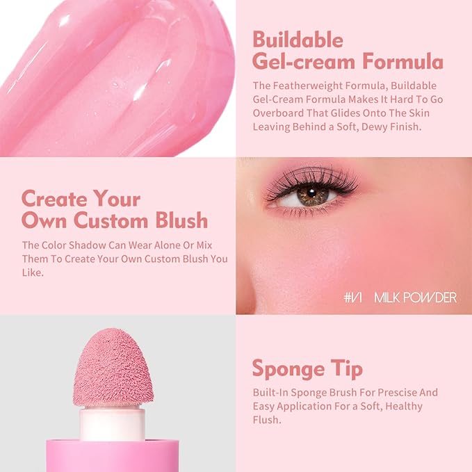 Blush Liquid Makeup Cream Stick, Blendable Cheek Weightless Watercolor Sheer Finish, Soft Peach Face Tint for Mature Skin, Easy Application Beauty Essential (V1 Milk Powder)