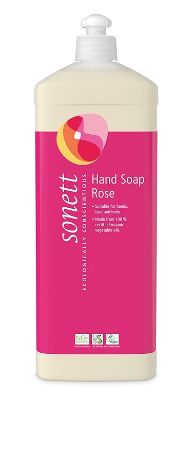 Sonett Organic Rose Hand Soap 1 Litre Body Care Suitable for Hands, Face and Body (1 Count) Certified Organically Grown