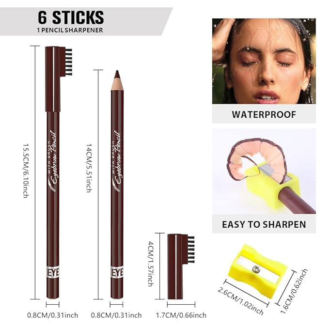 WanTuoluo Eyebrow Pencils for Women with Sharpener, 6Pcs Hard-Core Wooden Eye Brow Eye Liner Pencils for Beginner Makeup, Waterproof & Sweat-Proof (6Pcs-Brown)