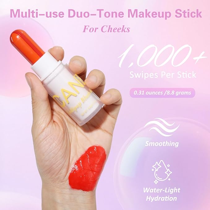 UCANBE Cherry Red Cream Blush Stick for Cheeks, Duo-Tone Buildable Blush Makeup, Hydrating Lightweight Face Blush with Vitamin E, Natural Dewy Finish, Long-Wearing, Water-Resistant
