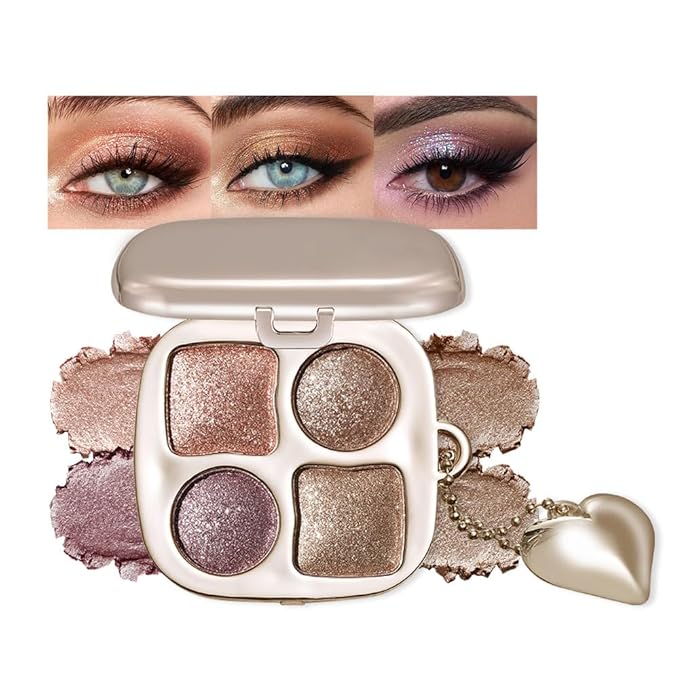 4 Color Diamond Glitter Shimmer Eyeshadow Palette, Sparkly Rose Gold Champagne Mauve Bronze Eye Shadow Quad, High Pigment Shimmer Metallic Glitter Eye Makeup for Party Glam Look, Sombra de Ojos 6