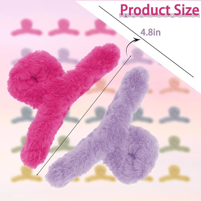 Sokfone 2 Pack Fuzzy Hair Clips, Large Nonslip Fuzzy Claw Clip for Thick Hair Fur Hair Clips for Women and Girls (Rose Red, Purple）
