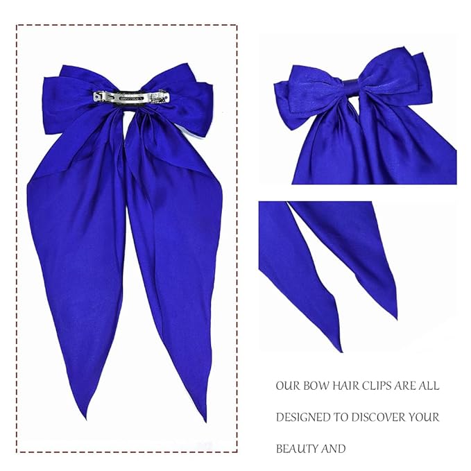 Silky Satin Oversized Long-tail Bow Clip, Large Blue Hair Bow for Women Girl, Hair Accessories with Long Tail, 1Pcs Blue