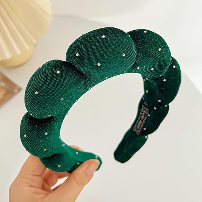Spa Headbands Puffy Makeup Skincare Headbands for Washing Face or Facial, Terry Cloth Fabric Hairbands for Makeup Removal Shower Skin Treatment(Dark Green, Rhinestone)