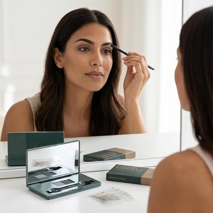 Marie-José Soft Charcoal & Black Duo Brow Powder Kit – Waterproof Eyebrow Powder with 6 Reusable Stencils & Dual-Ended Brush, Long-Lasting Natural-Look Brow Makeup for Dark Hair & Silver Highlights