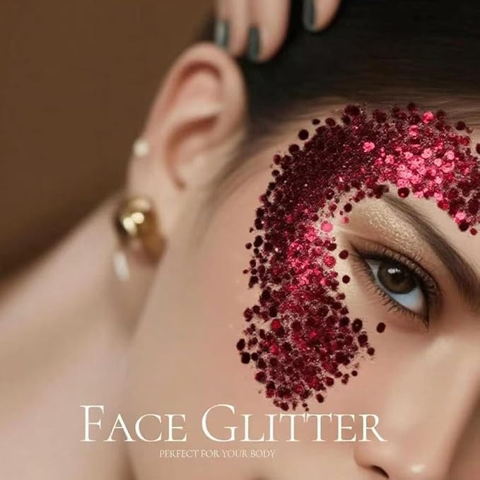 Body Glitter Gel, Mardi Gras Chunky Face Glitter Mermaid Sequins, Sparkly Hair Glitter,Singer Concert Festival Rave Accessories, Halloween Body Painting (#08 Dark Red)