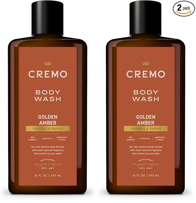 Cremo Body Wash Men, Notes of Red Currant, Pineapple, Ambergris and Moss, Rich-Lathering Golden Amber, 16 Fl Oz (Pack of 2)