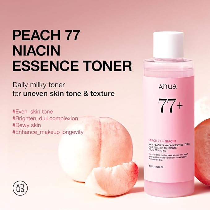Anua Peach 77 Niacin Essence Toner, Gentle Exfoliating & Radiant Facial Essence, Hydrating & Soothing Toner, Niacinamide, Ceramide, Panthenol, Makeup Prep for Glass Skin, Korean Skincare, 8.45 fl oz