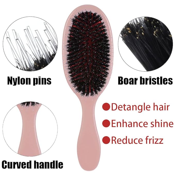 Boar Bristle Detangling Paddle Hair Brush for Curly Fine Wavy Hair, Anti-frizz Painless Detangler Brush Boar Nylon Mixed Bristle Styling Hairbrush for Women Men, Less Pulling and Hair Breakage