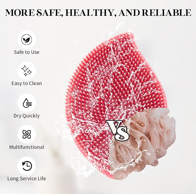 2 Pack Silicone Body Scrubber, Soft Silicone Loofah, Gentle Exfoliating Body Scrubber for Sensitive Skin, Leaf Shaped Shower Scrubbers, Silicone Scrubbers Body Brush for Women Men (Pink)