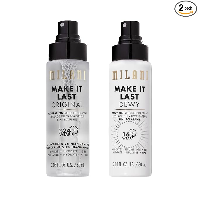 Milani Setting Spray + Primer, Make It Last Original - Natural Finish with Niacinamide for Hydration & Make It Last Dewy - Dewy Finish Moisturizing Formula for Glow on the Go - 2 Pack
