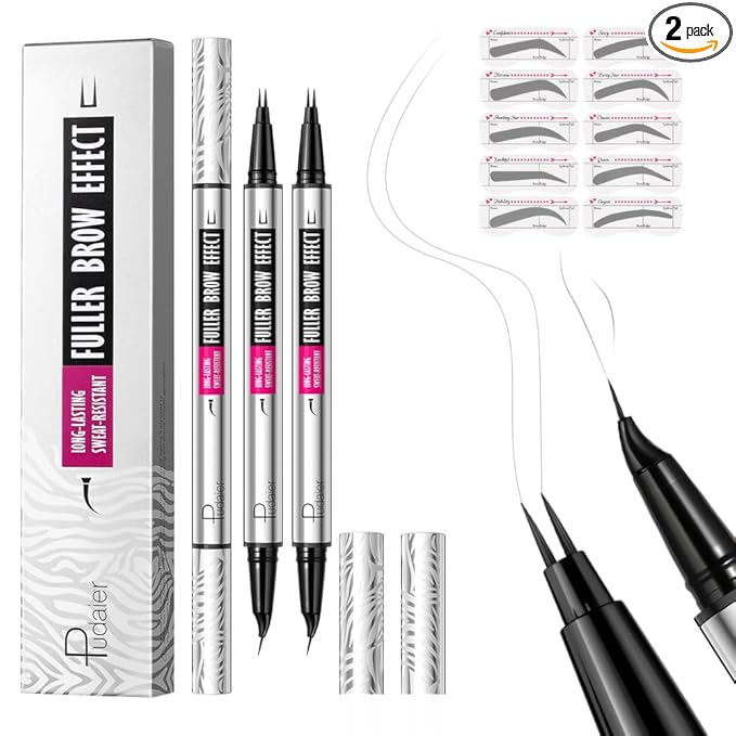 Pudaier 2 Pack 2 Fine Tip Eyebrow Pen, Waterproof Filling Faux Brow Makeup Pencils for Women with Precise Curved Brush-Tip to Fast Create Natural Hair-Like Brows, Last All-Day (Charcoal Grey)