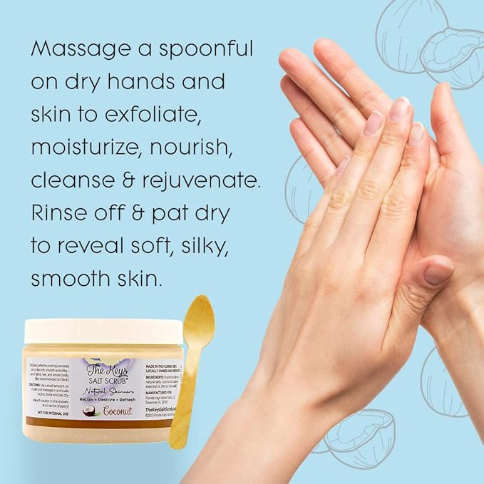 The Keys Salt Scrub -Sea Salt Scrub - Exfoliating Body Scrub with Wooden Spoon - Moisturizing Exfoliator for Hands, Foot, Bath, (12 Ounce (Pack of 3), Coconut)