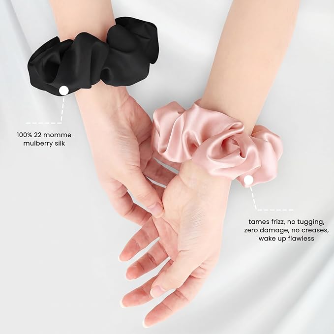 6PCS 100% Mulberry Silk Scrunchies Set, 2 Large and 4 Thin Silk Hair Ties for Women, No Damage Hair Accessories, Black Pink Champagne
