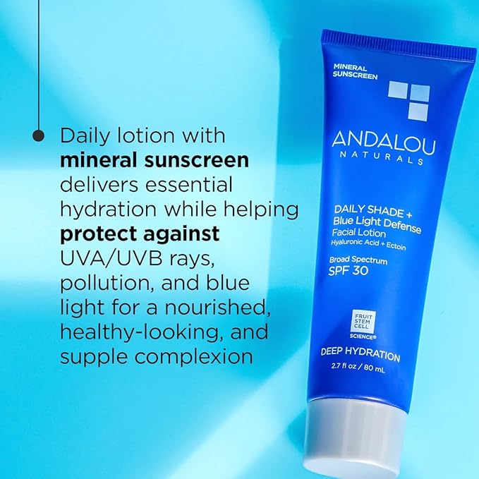 Andalou Naturals Deep Hydration Face Sunscreen - Daily Shade + Blue Light Defense SPF 30 with Zinc Oxide - Lightweight, Non-Greasy, Non-comedogenic, Fragrance-Free - 2.7 fl oz