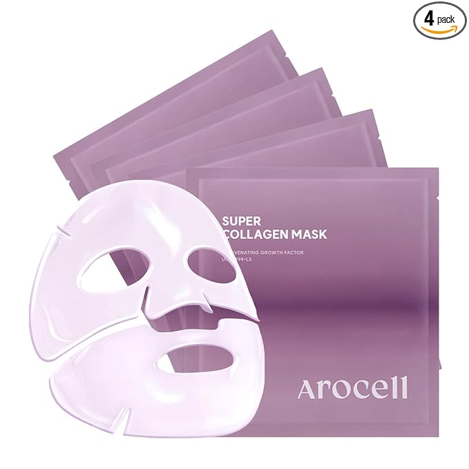 AROCELL Super Collagen Mask 4 Facial Sheet 5,000,000ppb Overnight Dual Matrix Hydrogel Masks with Low Molecular Weight Collagen for Elasticity Hydrating Anti-Aging Cooling Korean Skincare, 43g x 4ea