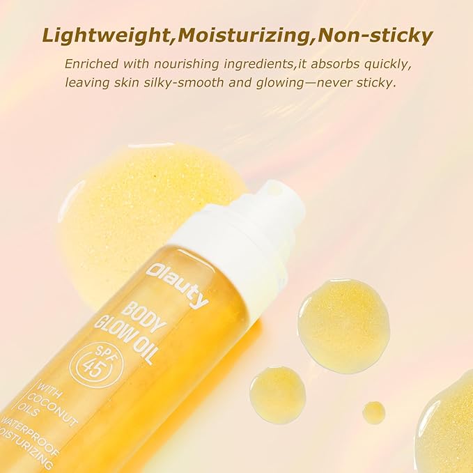 Sunscreen Body Glow Oil,Broad Spectrum SPF 45,Glitter Shimmer Body Oil with Gold Mica,Moisturizing Coconut Oils,Waterproof Non Sticky Sun-kissed Skin Moisturizer Beach Travel Essentials (#01 Gold)