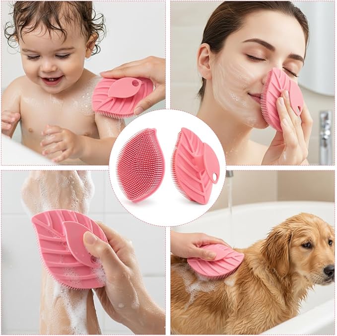 2 Pack Silicone Body Scrubber, Soft Silicone Loofah, Gentle Exfoliating Body Scrubber for Sensitive Skin, Leaf Shaped Shower Scrubbers, Silicone Scrubbers Body Brush for Women Men (Pink)