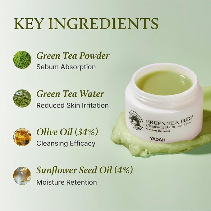 YADAH Green Tea Matcha Sorbet Cleansing Balm (3.38 fl oz) – Makeup Remover, Melting Balm with Olive & Sunflower Oils, Hydrating, Residue-Free