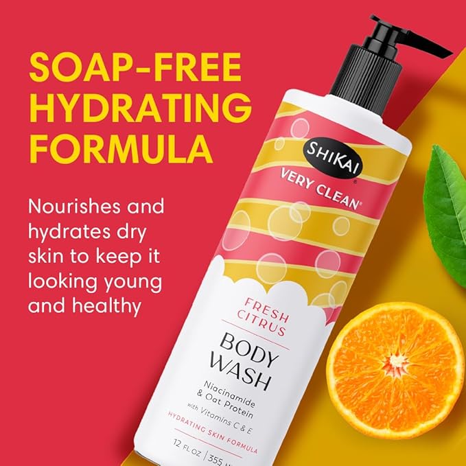 ShiKai Very Clean Body Wash (Fresh Citrus, 12 oz) | Hydrating Gel Cleanser for Dry Skin | With Niacinamide, Oat Protein, Vitamins C & E