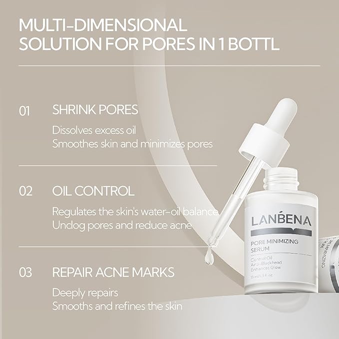 LANBENA Pore Minimizer Serum, Pore Minimizer & Reducer for Face, Minimizing, Shrinking, Oil Control Firming, Tightening Pores, 100% Vegan Pore Moisture after Blackhead Remover, 0.5 fl.oz