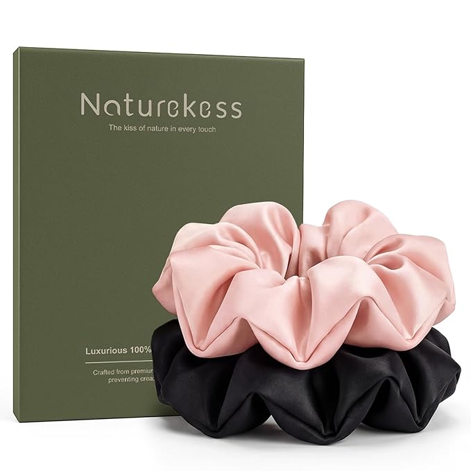 Silk Hair Scrunchies for Women, 100% Mulberry Silk Hair Ties, No Damage for Curly Hair, Large Scrunchie for Sleep, (Black, Blush pinK, L)