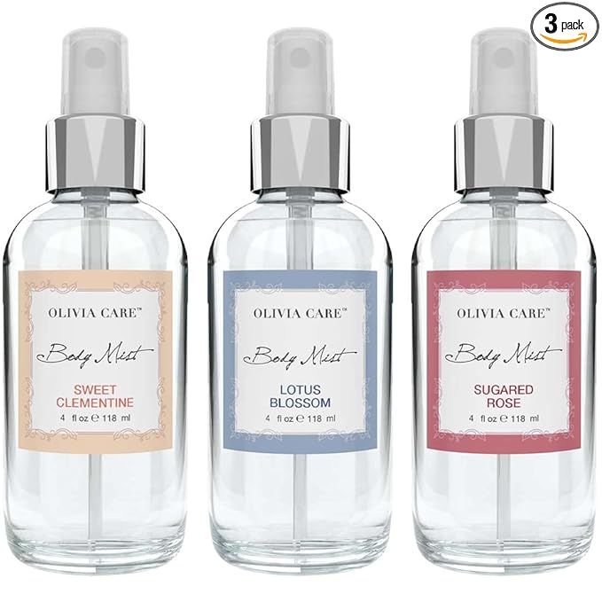 Olivia Care Body Mist Trio, 3 Scents: Lotus Blossom, Sugared Rose, Sweet Clementine (3 Bottles Total (1 of Each Scent))