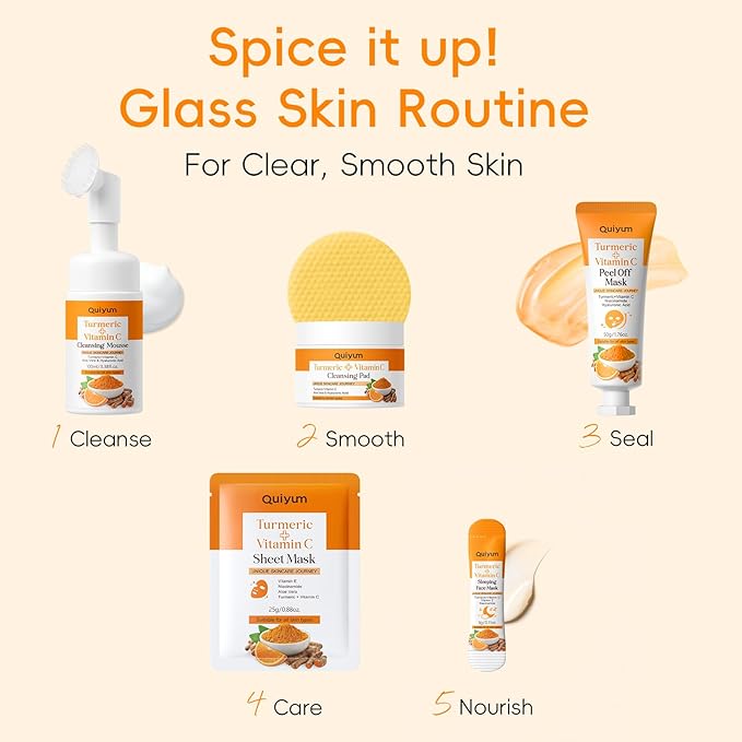 QUIYUM Turmeric + Vitamin C Facial Skincare Set - 5-in-1 Cleansing Kit for Oil Skin Types, Hydrating, Even Tone, Include Cleansing Mousse& Pads, 2Pcs Sheet Mask, Peel Off Mask, 6Pcs Sleeping Mask