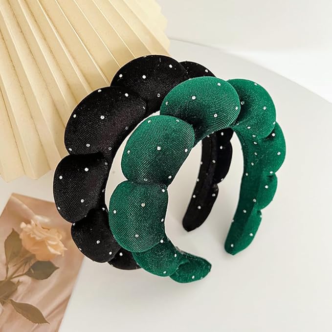 Spa Headbands Puffy Makeup Skincare Headbands for Washing Face or Facial, Terry Cloth Fabric Hairbands for Makeup Removal Shower Skin Treatment(Dark Green, Rhinestone)