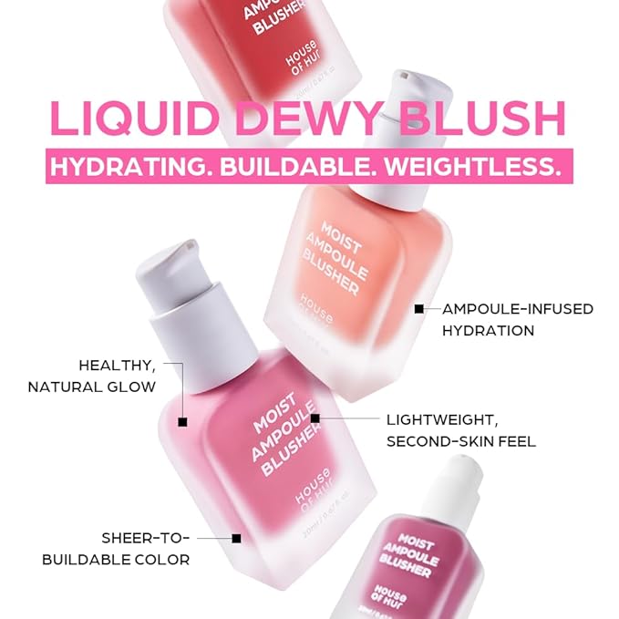 House of Hur Moist Ampoule Blusher with 50% Moisture Essence | Hydrating & Long-Lasting Blush | 0.67 fl.oz (9 Shades) (Peach Coral)