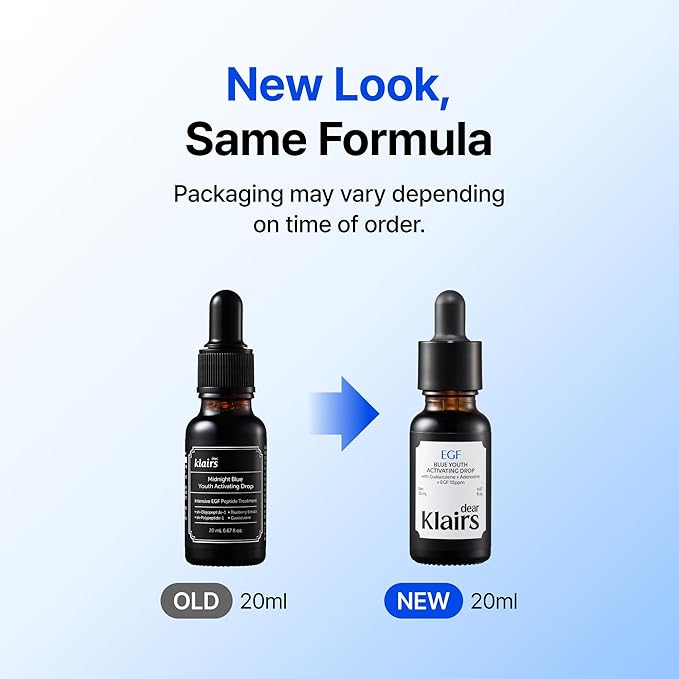 DearKlairs Korean EGF Serum - Blue Youth Activating Drop with EGF & FGF (10ppm Each), Barrier Repair & Post-Blemish Marks, Sensitive Skin-Friendly, Daily Calm & Repair, 0.67 Fl Oz