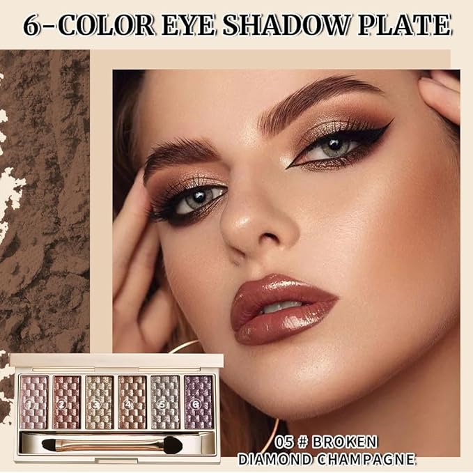 Gold Brown Matte Shimmer Eyeshadow Palette, 6 Color High Pigment Blendable Eye Shadow Makeup for Older Women, Lightweight Travel Size, Suitable for All Eye Shapes, Glam Highlight Look Vegan 05#