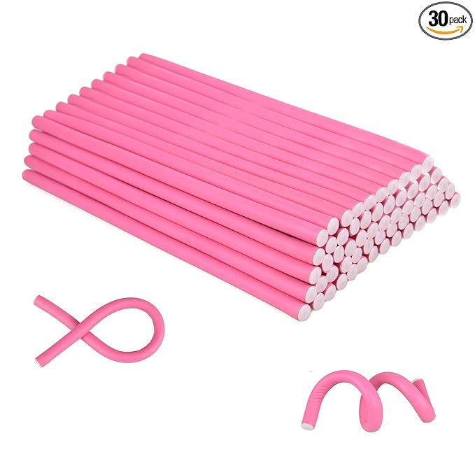 Heatless Curling Rod, 9.45" Soft Skinny Small Flexi Rod for Overnight Tight Curls Twist Heat-Free 60-Piece Flexible Curling Roller for Women Girl Long and Short Hair (0.31" Diameter, Pink)