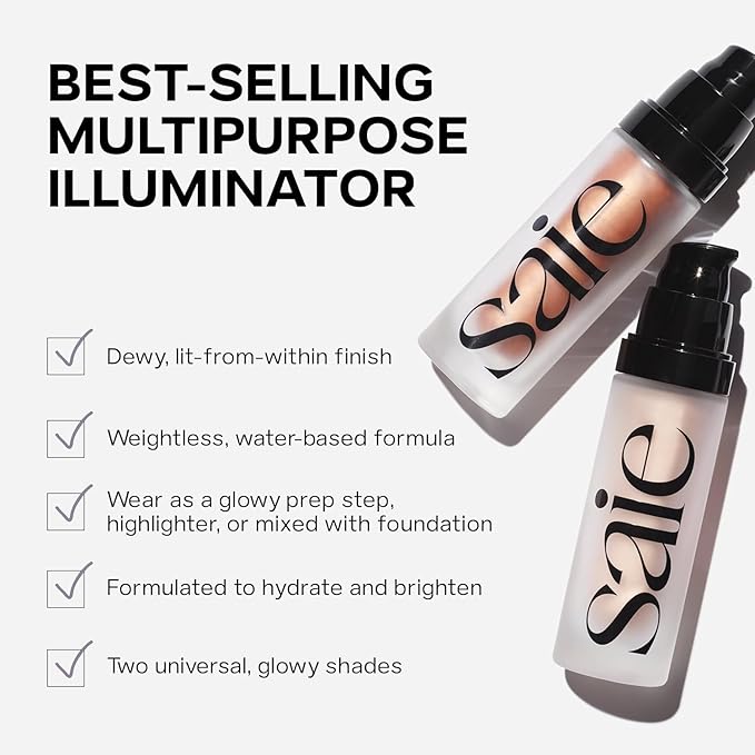 Saie Glowy Super Gel Duo - Illuminating Makeup Primer + All-Over Liquid Highlighter Gel for Dewy, Glass Skin - Vegan Skin Care Infused Glow Serum with Squalane Oil - Sunglow + Starglow (1 Oz, 2 Pack)