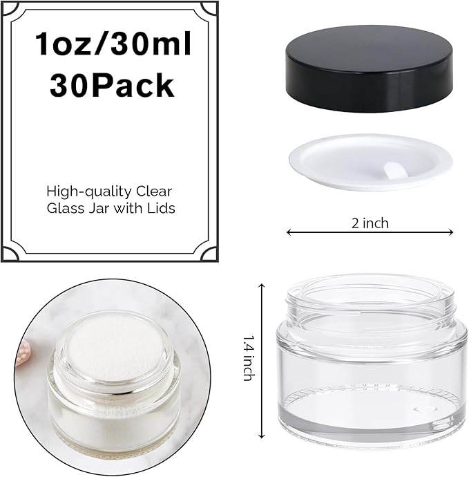 1oz Glass Jar with Lid, Hoa Kinh 30Pack Clear Round Containers Cosmetic Jars with Inner Liners and Black Lids Travel Jars for Storing Lip and Body Scrub, Lotion, Body Butter, Bath Salts, Liquid