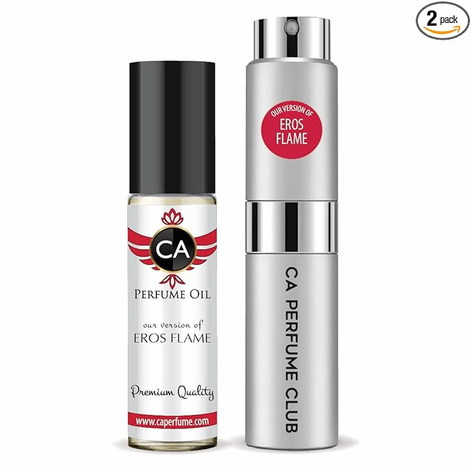 CA Perfume Duo Impression of Eros Flame For Men Perfume Layering Set Mens Cologne Long Lasting Travel Size EDP + Body Oil Roll-On Bottle 0.27 Fl Oz+0.33 Fl Oz