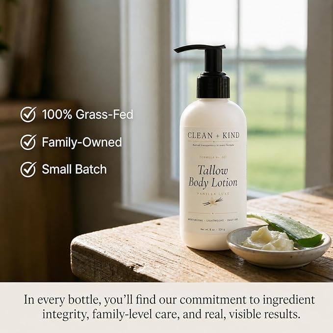 Vanilla Tallow Body Lotion — Hydrating Non-Toxic Natural Body Moisturizer & Cream, Grass-Fed Beef, Organic Shea, Jojoba, Coconut MCT & Aloe for Dry Sensitive Skin (8 oz)
