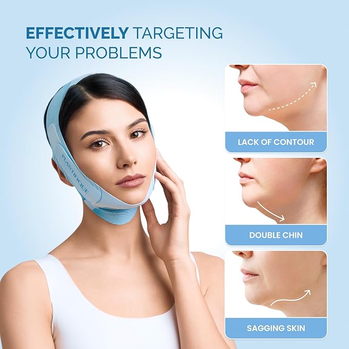 PLANTIFIQUE Chin Strap for Face Contouring - Reusable V Line Ice Silk Fabric Mask - Double Chin Shaping, Adjustable, Breathable Fabric - Jawline Shaper for Women & Men (Blue)