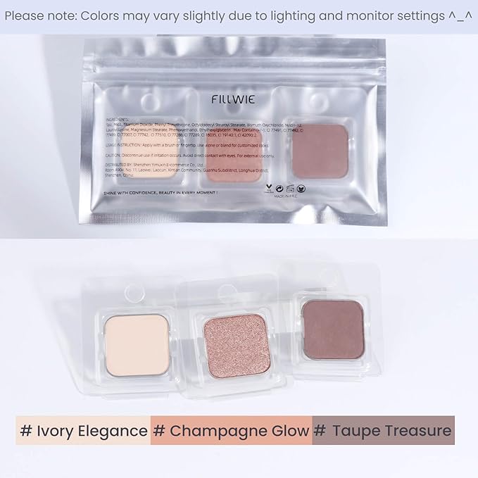 3-Color Single Eyeshadow Refill Set – Ivory, Champagne & Cool Brown, Matte & Shimmer, Highly Pigmented & Long-Lasting, 1.02” (26mm) Square Metal Pans, No Case, Fits Magnetic Palettes