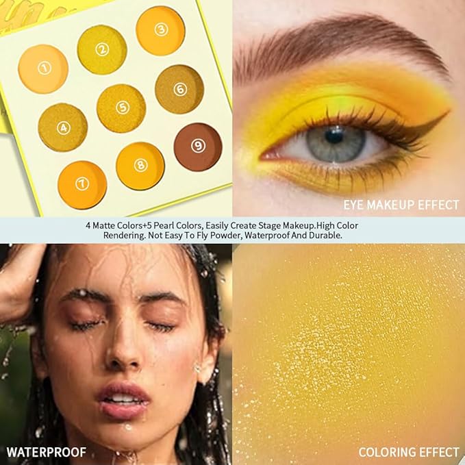 Yellow Gold Matte Shimmer Eyeshadow Palette, 9 Color High Pigment Blendable Long-Lasting Travel Size Eye Shadow Makeup for Older Women, Sombras para ojos, Daily Looks, Vegan & Cruelty-Free 04#