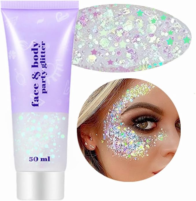 Go Ho Clear White Face Body Glitter - Party Flash Festival Rave Outfits for Women&Kids,Holographic Glitter Rainbow White Face Paint,Halloween Mermaid Fairy Makeup Chunky Sequins Gel,Rave Accessories