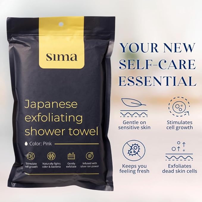 Sima Brand Exfoliating Washcloth Face & Body Scrub Towel - Japanese Exfoliating Towel with Hexagon Fibers, Body Scrubber with 2 Sides for Scrubbing & Washing, Extra Long Body Towels (Pink, 3 Pack)