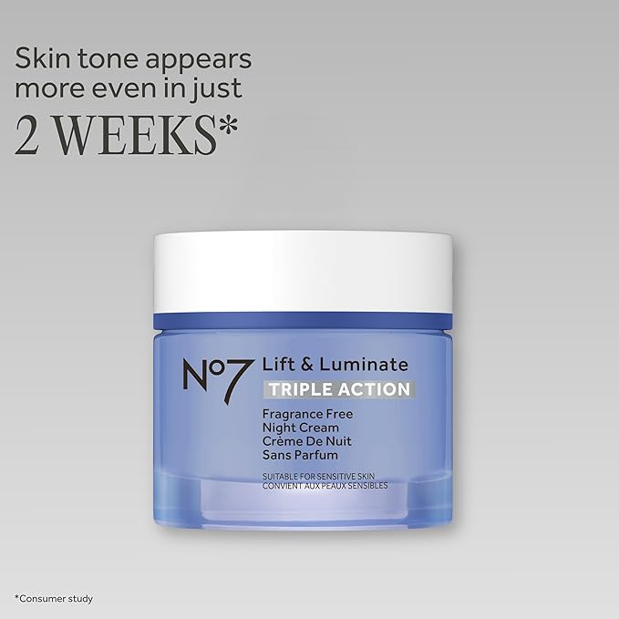 No7 Lift and Luminate Triple Action Fragrance-Free Night Cream – Anti-Wrinkle Collagen Peptide Brightening Moisturizer with Hyaluronic Acid, Hibiscus, and Vitamin C (50ml)