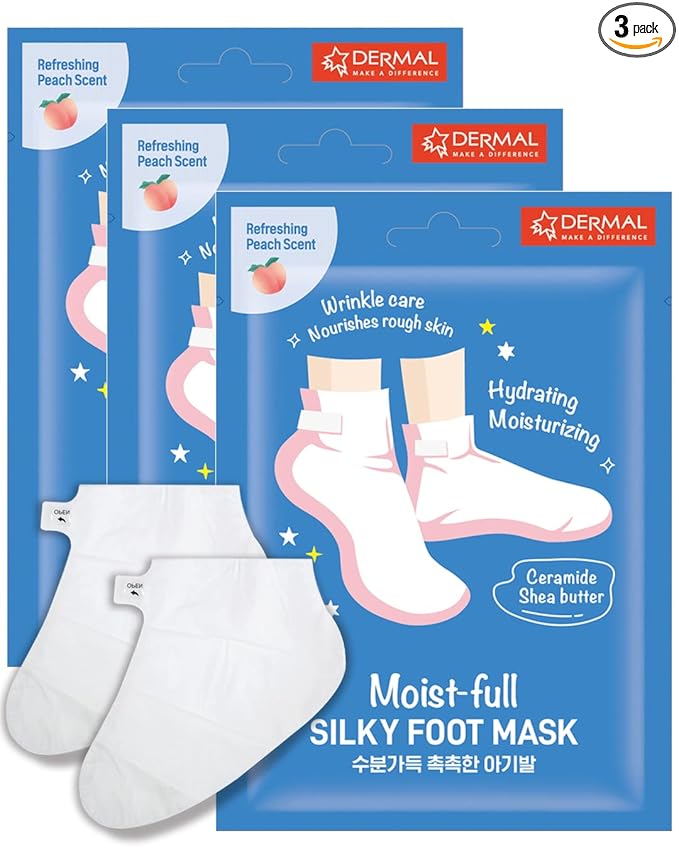 DERMAL Moistfull Silky Foot Mask 3 Pairs - Hydrating Foot Mask Socks for Dry Cracked Feet, Toes, and Callus - Ceramide, Shea Butter - Repair Rough Heels - Refreshing Peach Scent (Non-Peel)