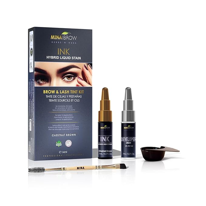 Mina iBrow INK Hybrid Liquid Tint Kit for Professional Hair Color, 14ml - Chestnut Brown
