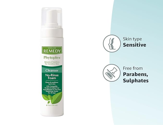Medline Remedy Clinical No-Rinse Foam Cleanser,Vanilla Scent,No Rinse Shampoo & Body Cleanser for Sensitive Skin,Hydrating,Paraben and Sulfate Free,For Face,Body,and Hair,All Ages, 8 fl oz (Pack of 2)
