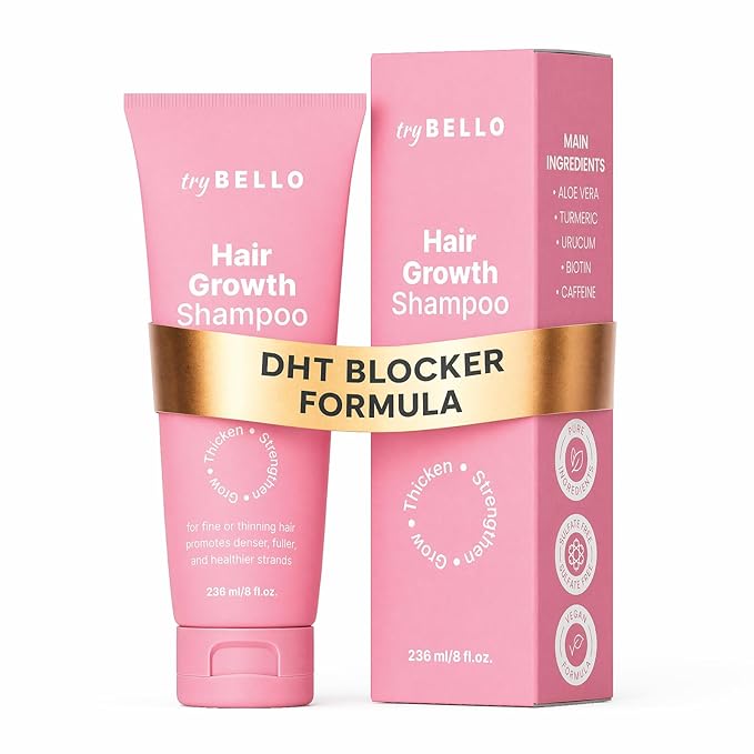 Trybello Hair Growth Shampoo with DHT Blocker | Natural Thickening & Scalp Detox | Sulfate Free & Vegan Formula | Caffeine, Aloe Vera, Turmeric, and Urucum Extract | For Any Hair Type
