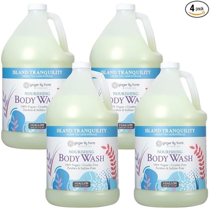 Ginger Lily Farms Botanicals Nourishing Body Wash, Island Tranquility, 100% Vegan & Cruelty-Free, Green Tea Lemongrass Scent, 1 Gallon Refill (Pack of 4)